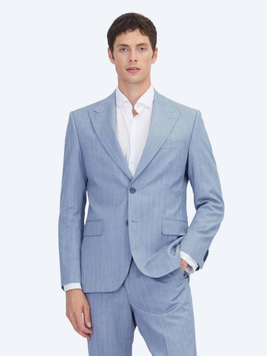 Blue Striped Modern Fit Wool Blended Suit - 1