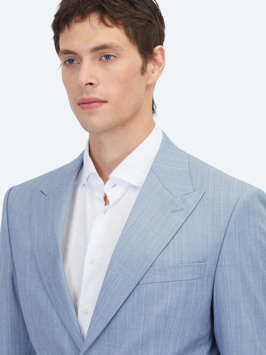 Blue Striped Modern Fit Wool Blended Suit - 3