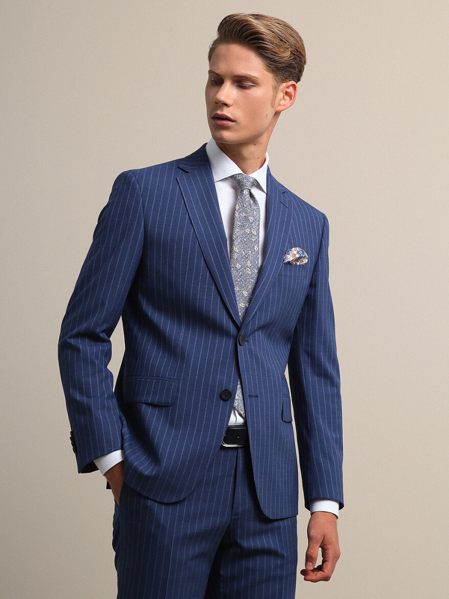 Blue Striped Modern Fit Wrinkle Free Wool Blended Suit - 2