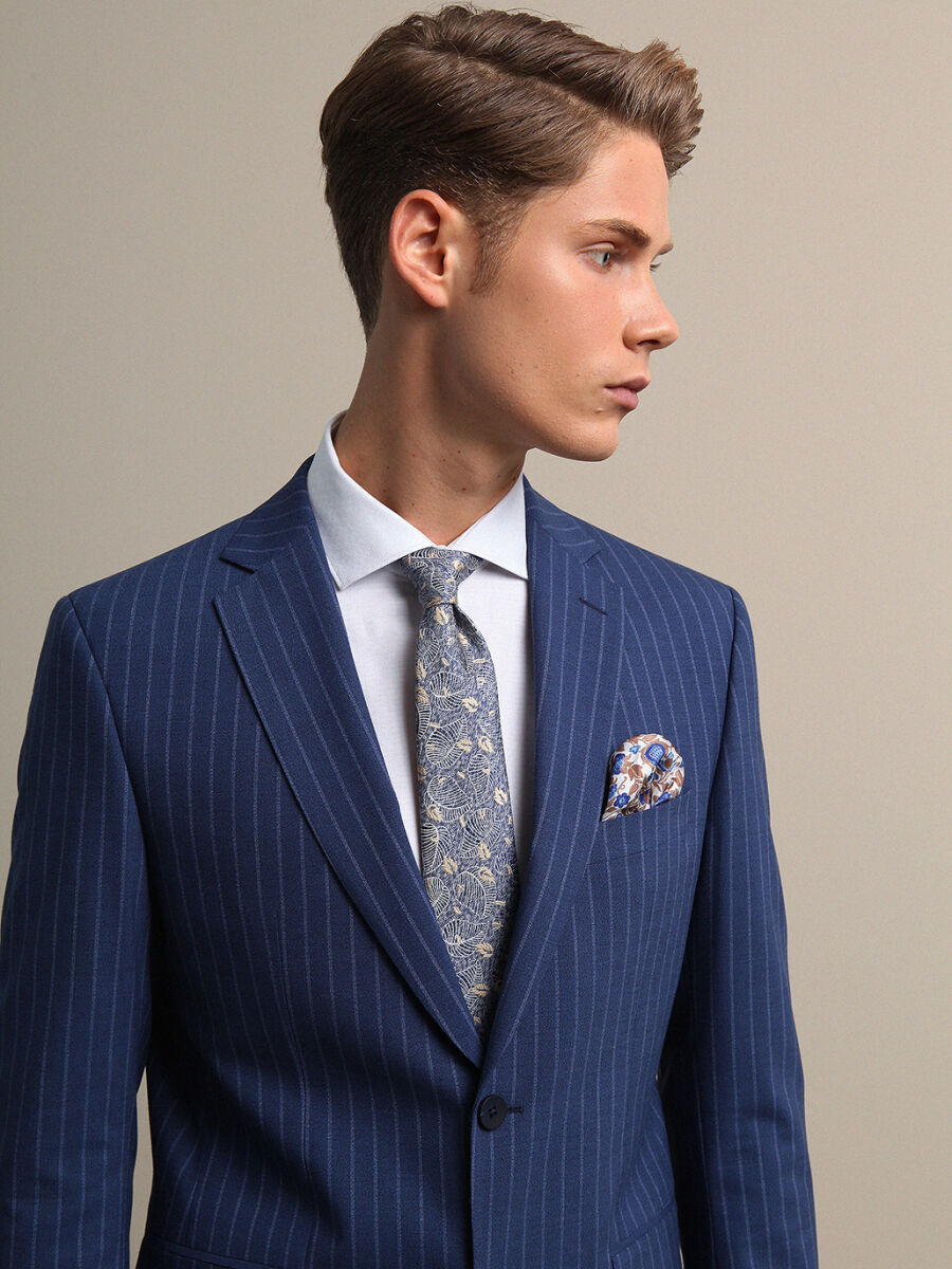 Blue Striped Modern Fit Wrinkle Free Wool Blended Suit - 3