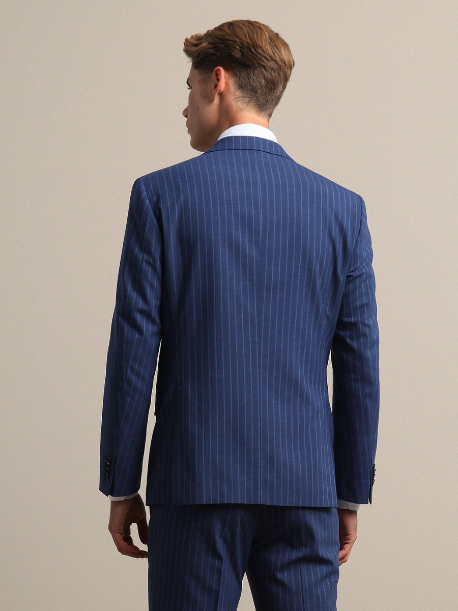 Blue Striped Modern Fit Wrinkle Free Wool Blended Suit - 5