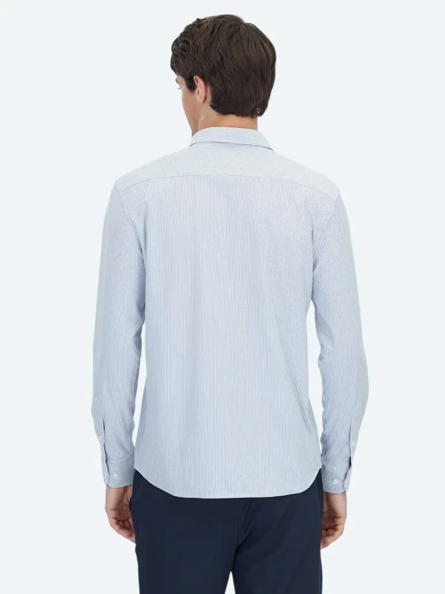 Blue Striped Regular Fit Knitting Casual Cotton Blended Shirt - 5