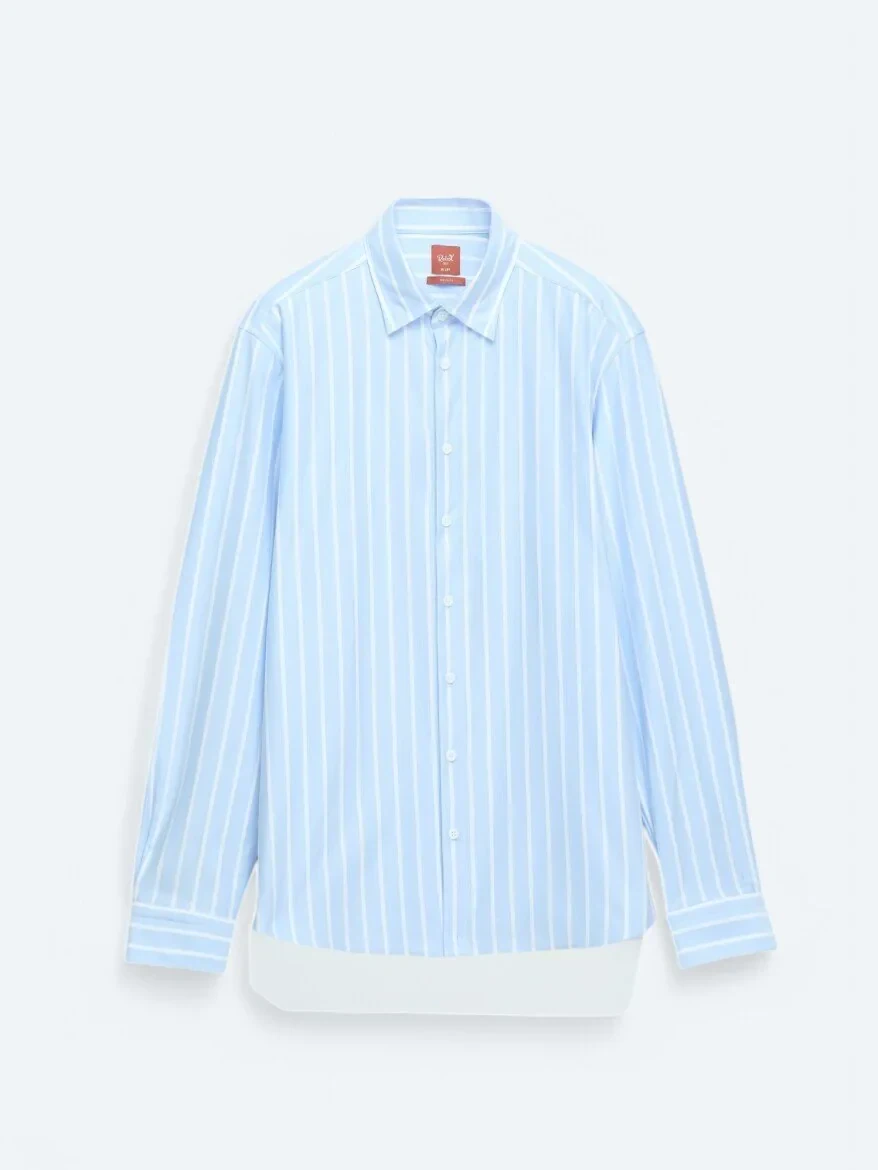 Blue Striped Regular Fit Knitting Casual Cotton Blended Shirt - 7