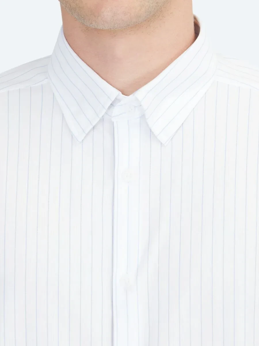 Blue Striped Regular Fit Knitting Sport Cotton Blended Shirt - 4