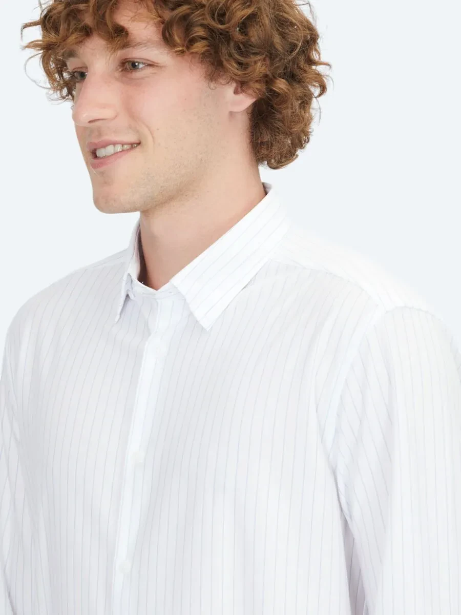 Blue Striped Regular Fit Knitting Sport Cotton Blended Shirt - 3