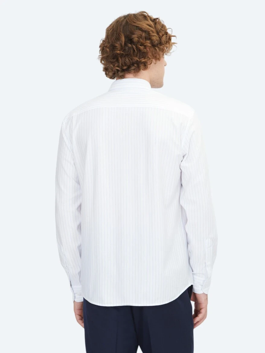 Blue Striped Regular Fit Knitting Sport Cotton Blended Shirt - 5