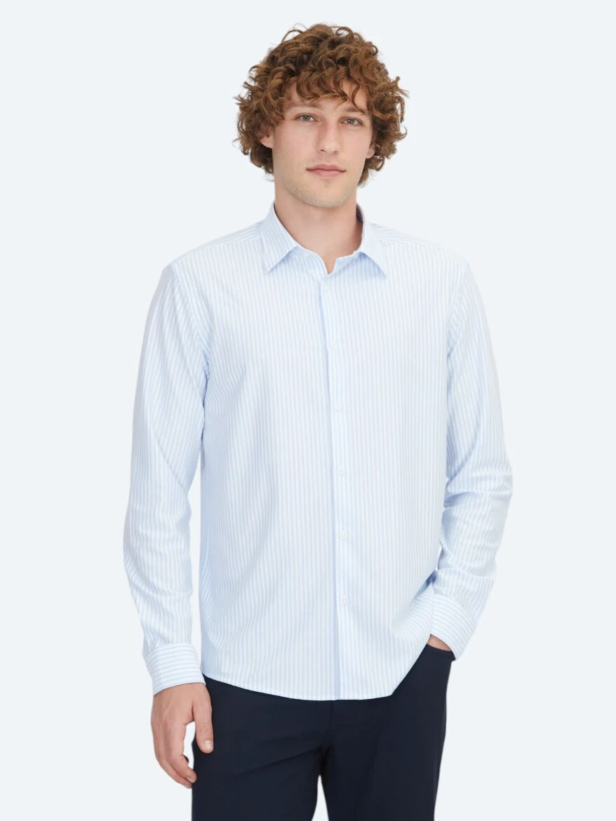 Blue Striped Regular Fit Knitting Sport Cotton Blended Shirt - 1
