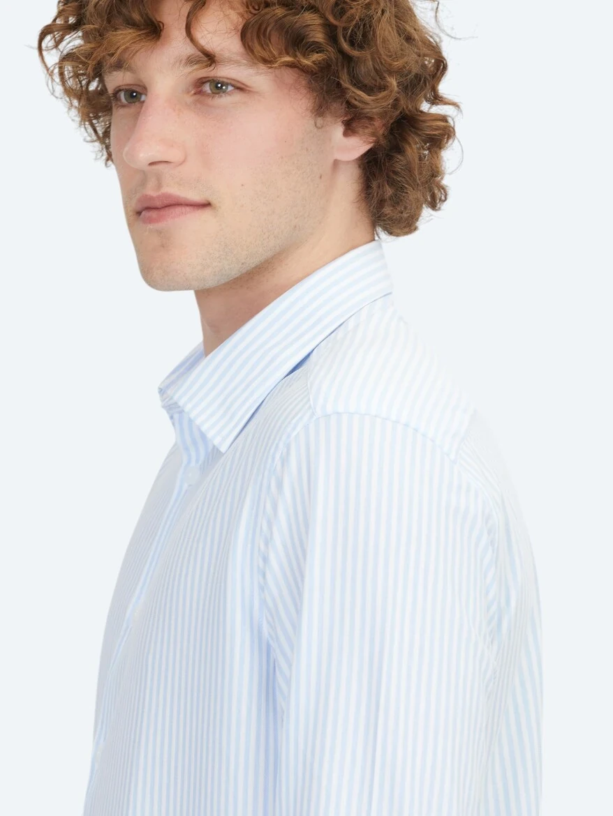 Blue Striped Regular Fit Knitting Sport Cotton Blended Shirt - 4