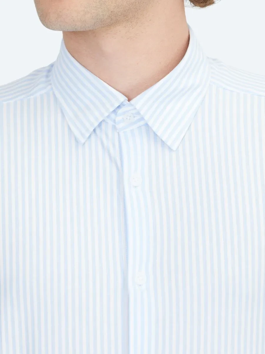 Blue Striped Regular Fit Knitting Sport Cotton Blended Shirt - 5