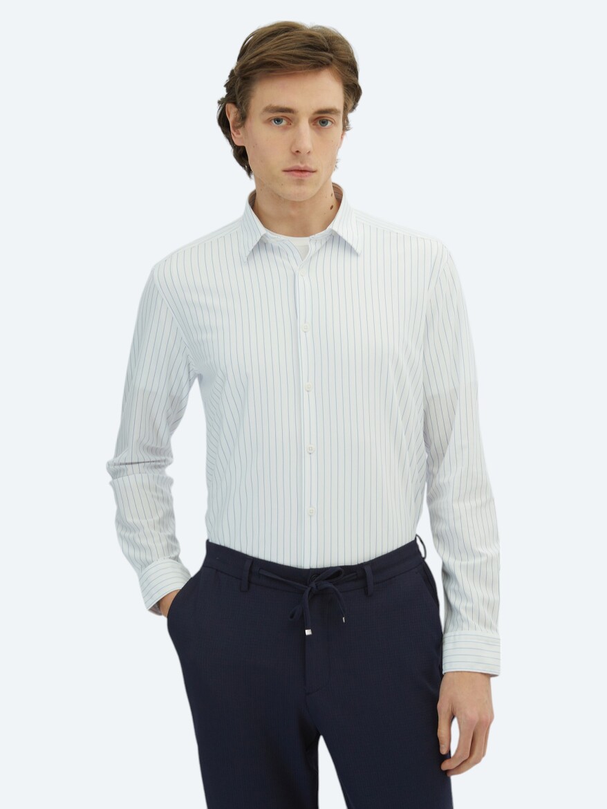 Blue Striped Regular Fit Long Knitting Casual Cotton Blended Shirt 