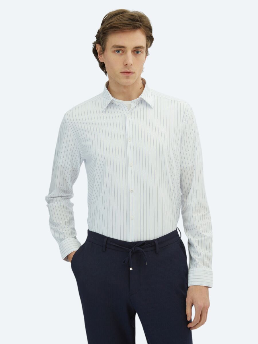 Blue Striped Regular Fit Long Knitting Casual Cotton Blended Shirt - 1