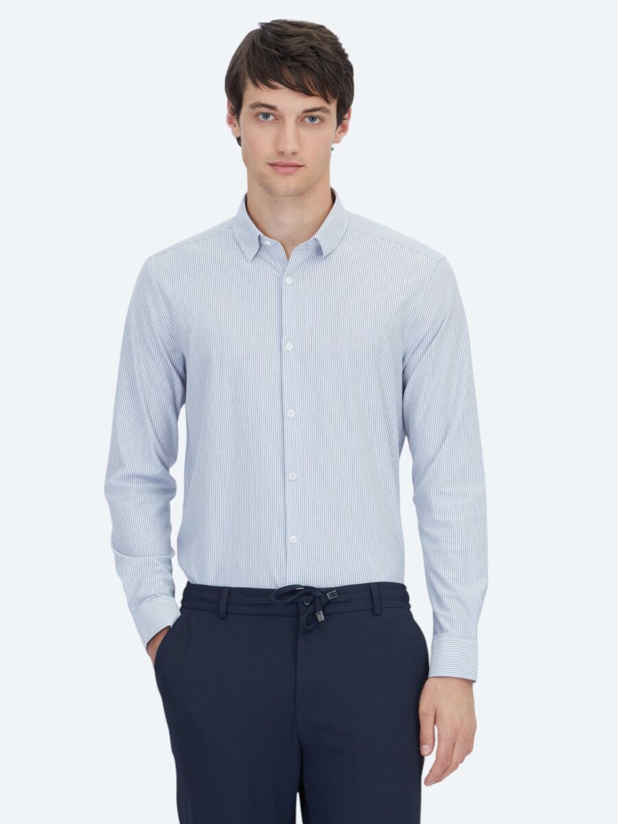 Blue Striped Regular Fit Long Knitting Casual Cotton Blended Shirt - 1