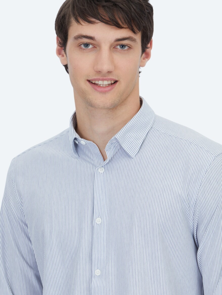 Blue Striped Regular Fit Long Knitting Casual Cotton Blended Shirt - 3