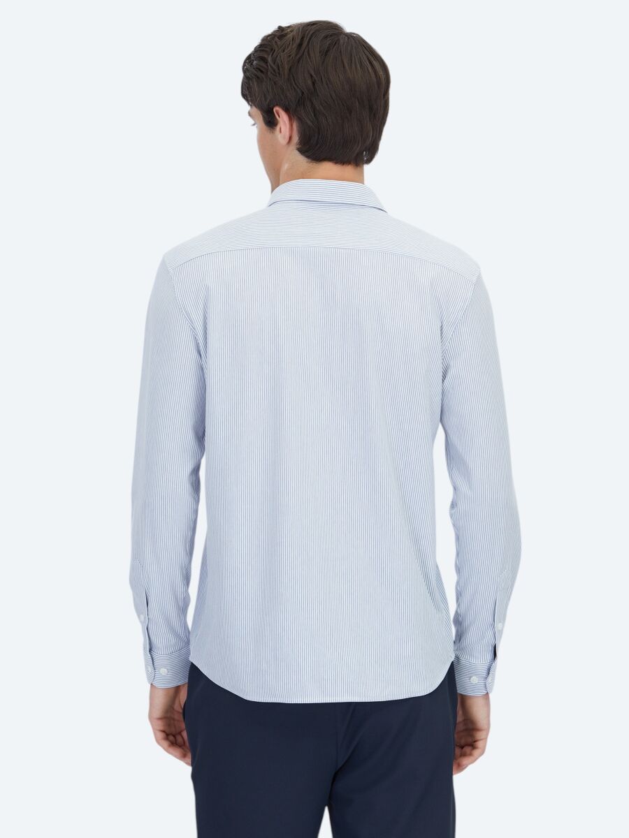 Blue Striped Regular Fit Long Knitting Casual Cotton Blended Shirt - 5