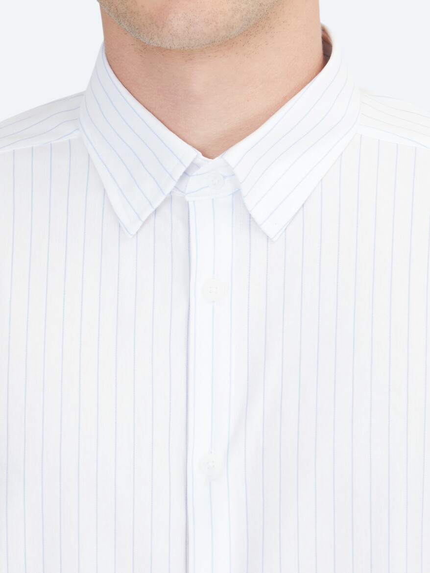 Blue Striped Regular Fit Long Knitting Sport Cotton Blended Shirt - 4