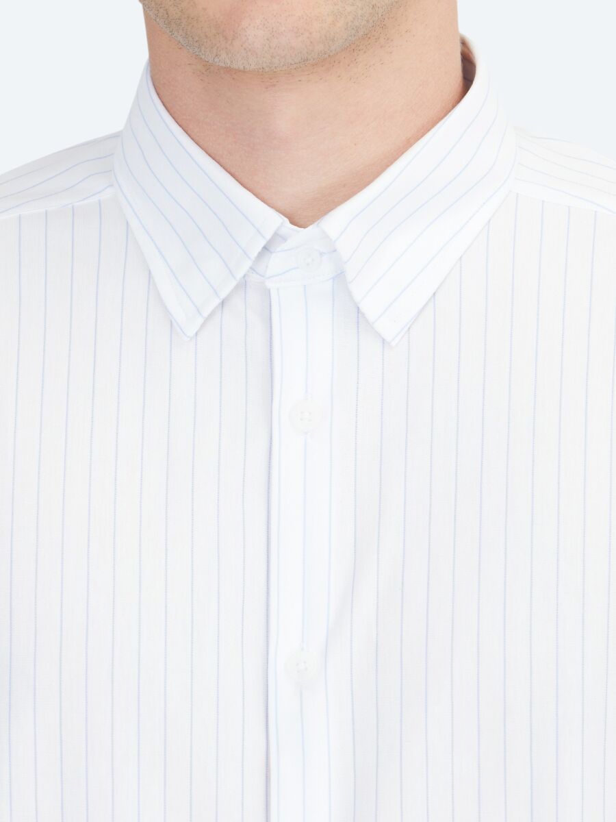Blue Striped Regular Fit Long Knitting Sport Cotton Blended Shirt - 4