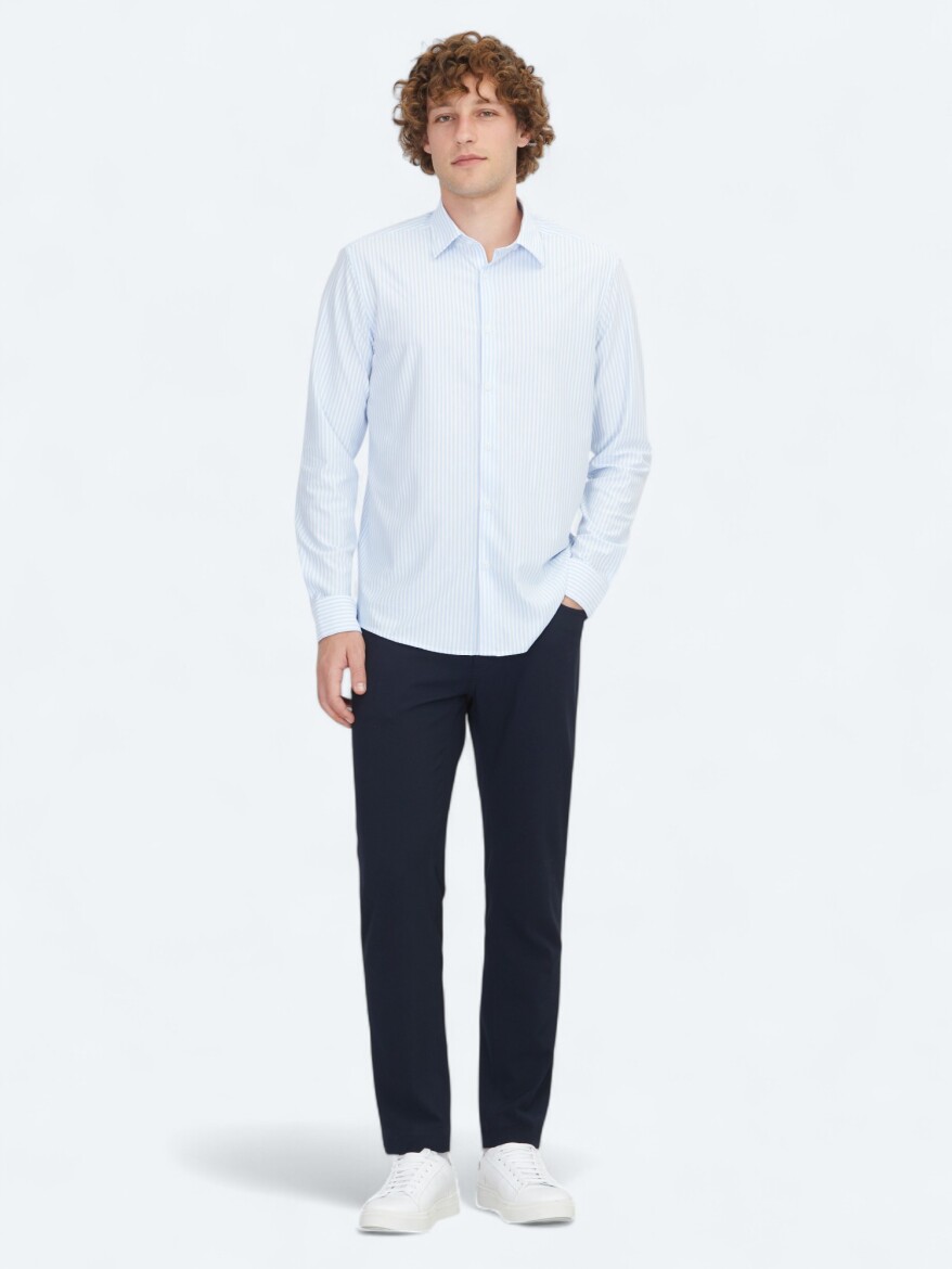 Blue Striped Regular Fit Long Knitting Sport Cotton Blended Shirt - 2