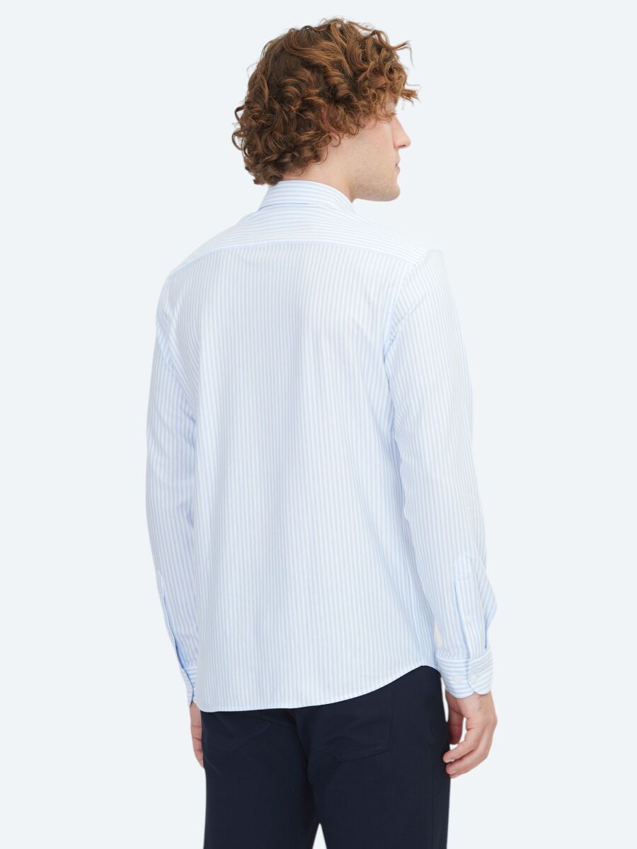 Blue Striped Regular Fit Long Knitting Sport Cotton Blended Shirt - 6
