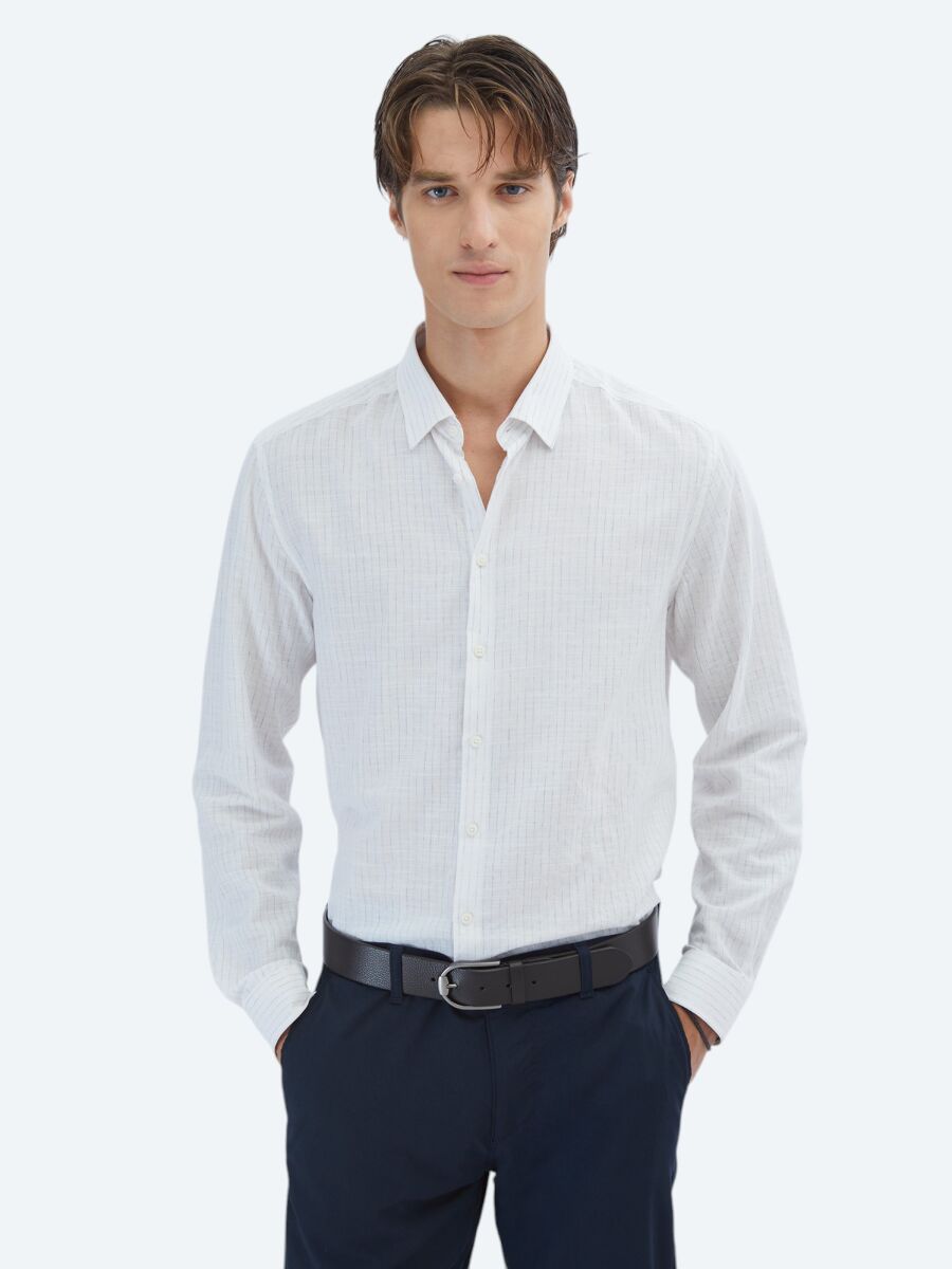 Blue Striped Regular Fit Long Weaving Casual 100% Cotton Shirt - 1