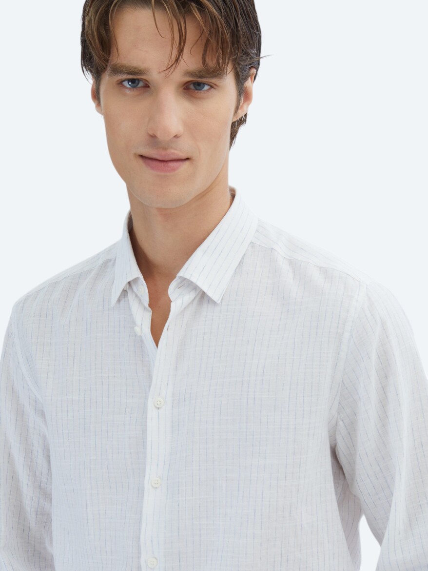 Blue Striped Regular Fit Long Weaving Casual 100% Cotton Shirt - 3