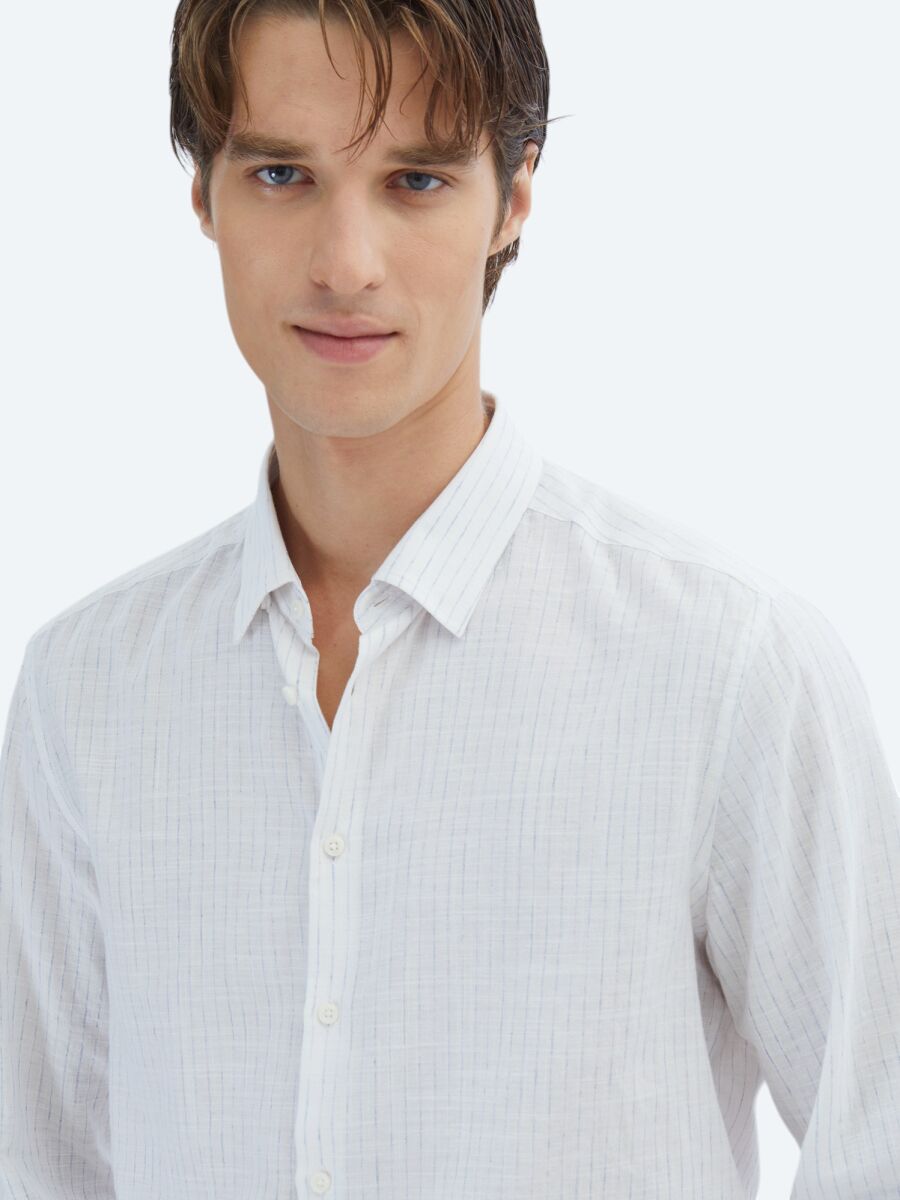 Blue Striped Regular Fit Long Weaving Casual 100% Cotton Shirt - 3