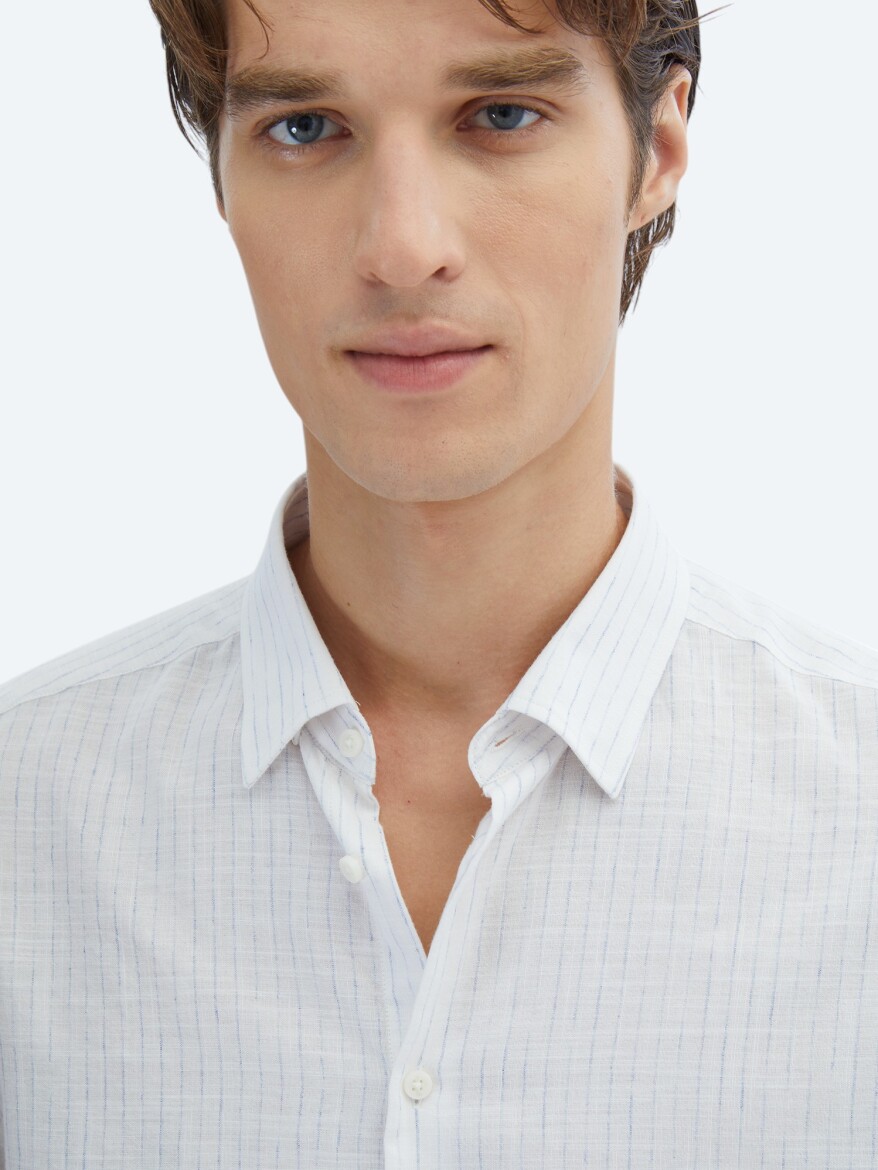 Blue Striped Regular Fit Long Weaving Casual 100% Cotton Shirt - 4