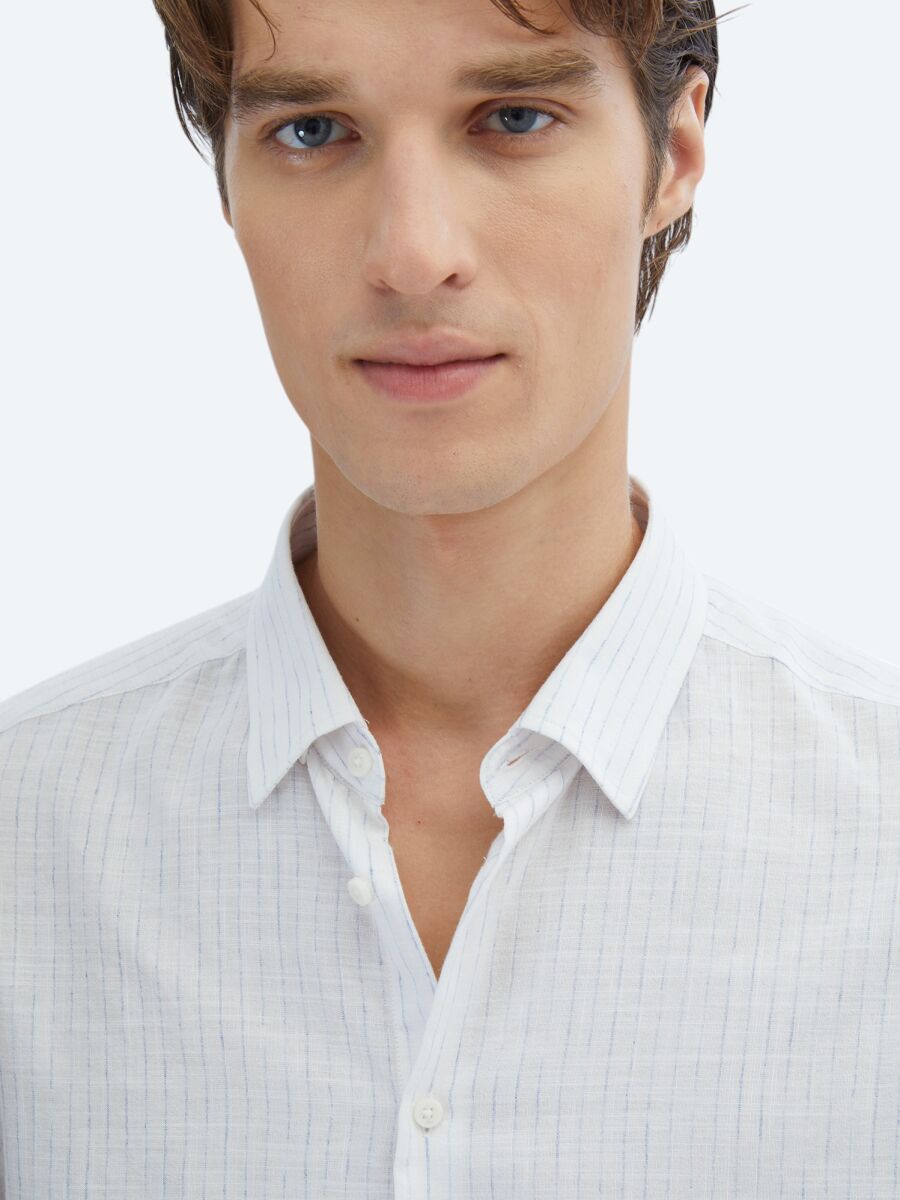 Blue Striped Regular Fit Long Weaving Casual 100% Cotton Shirt - 4