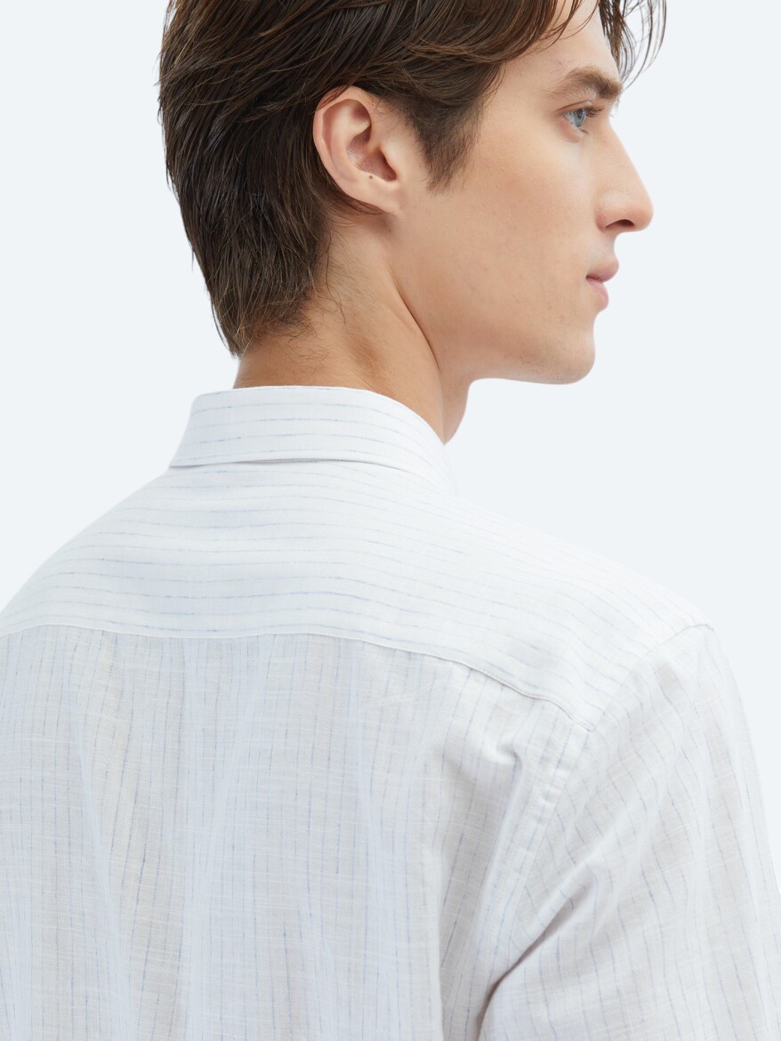 Blue Striped Regular Fit Long Weaving Casual 100% Cotton Shirt - 5