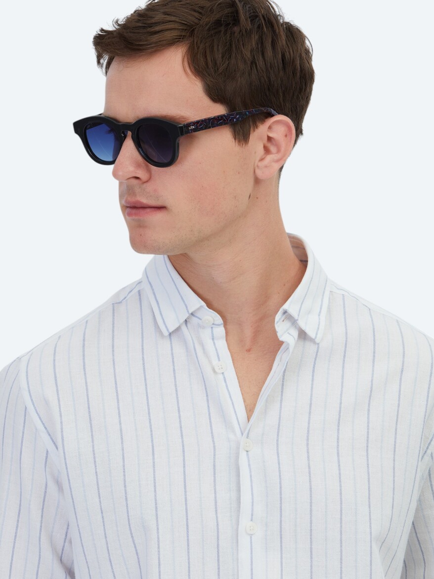 Blue Striped Regular Fit Long Weaving Casual 100% Cotton Shirt - 4