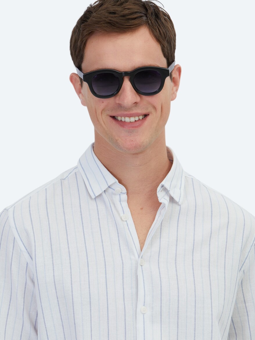 Blue Striped Regular Fit Long Weaving Casual 100% Cotton Shirt - 5