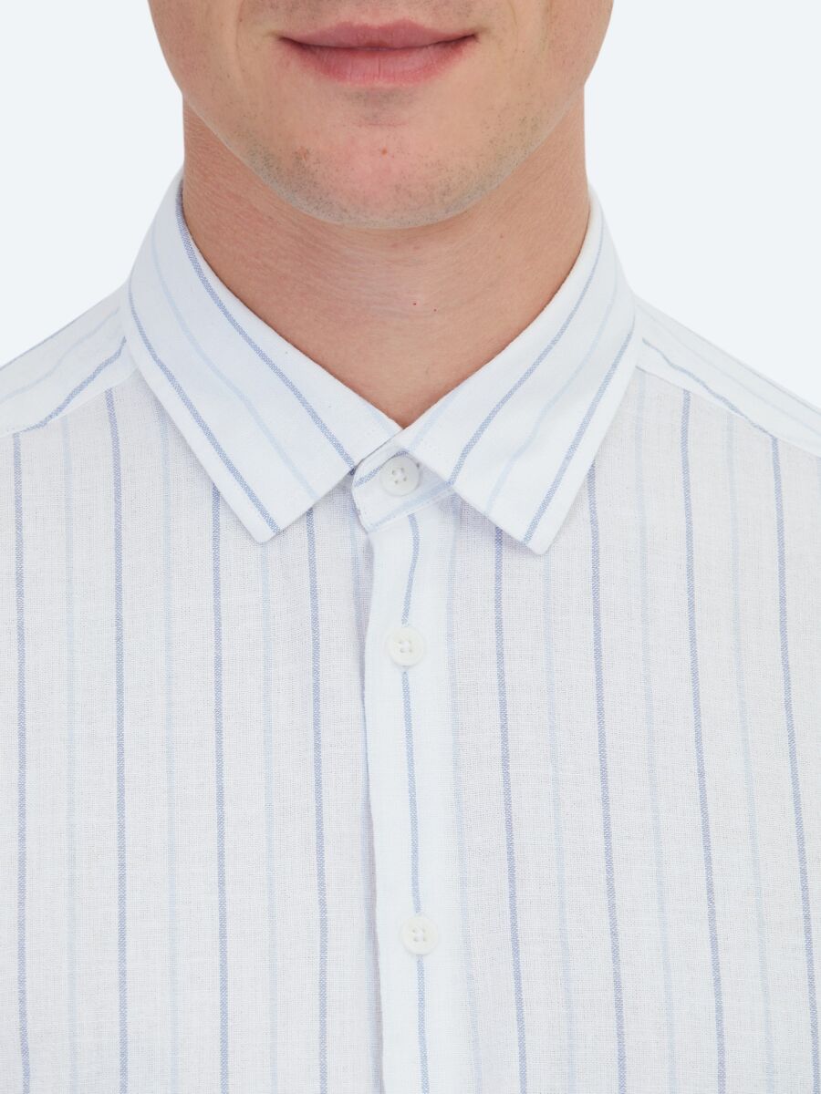 Blue Striped Regular Fit Long Weaving Casual 100% Cotton Shirt - 6