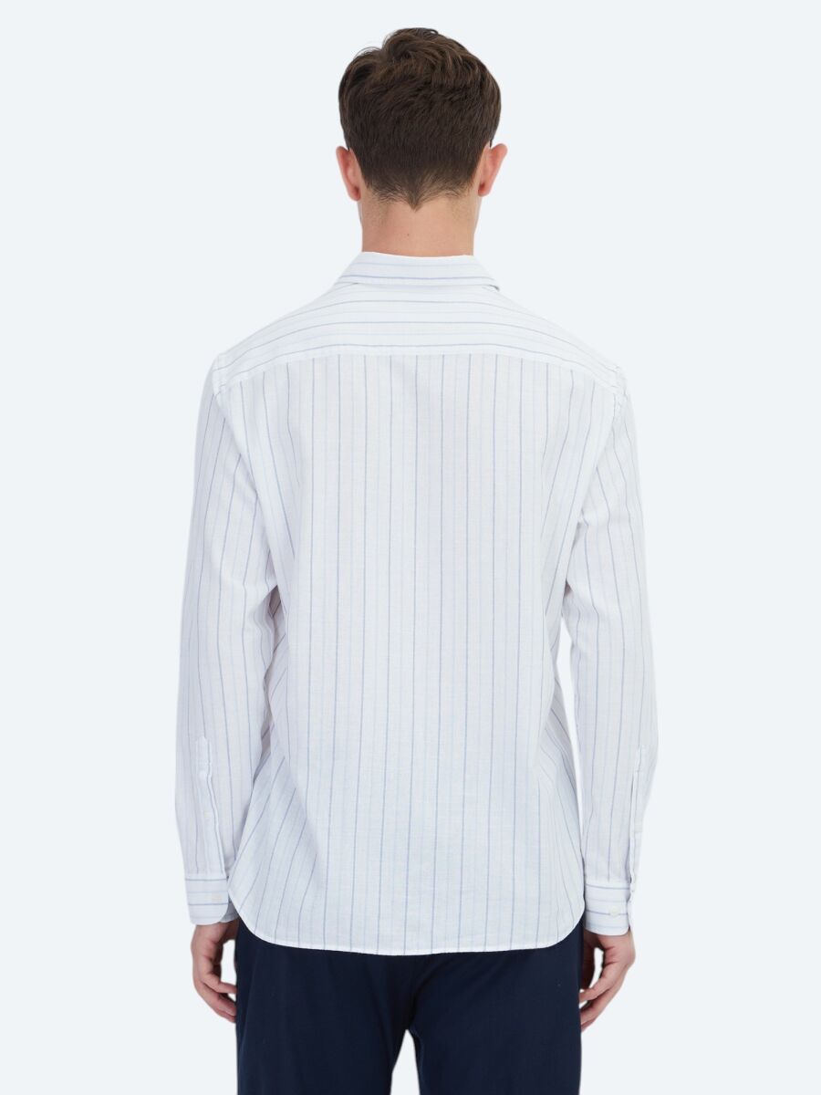 Blue Striped Regular Fit Long Weaving Casual 100% Cotton Shirt - 7