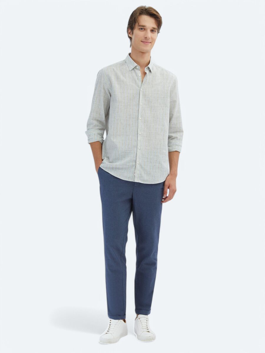Blue Striped Regular Fit Long Weaving Casual Cotton Blended Shirt - 2
