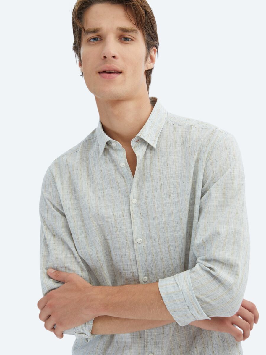 Blue Striped Regular Fit Long Weaving Casual Cotton Blended Shirt - 3
