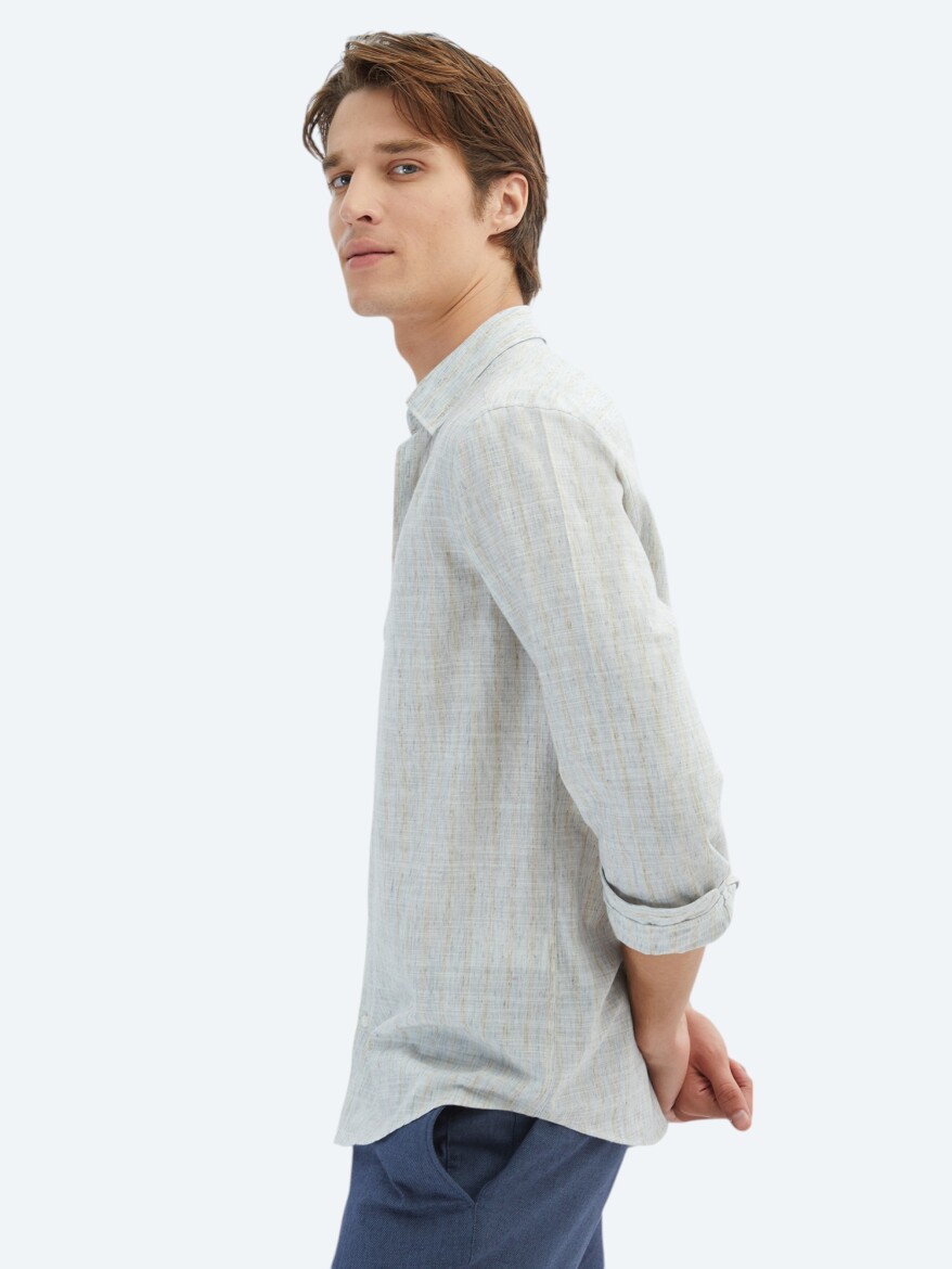 Blue Striped Regular Fit Long Weaving Casual Cotton Blended Shirt - 4