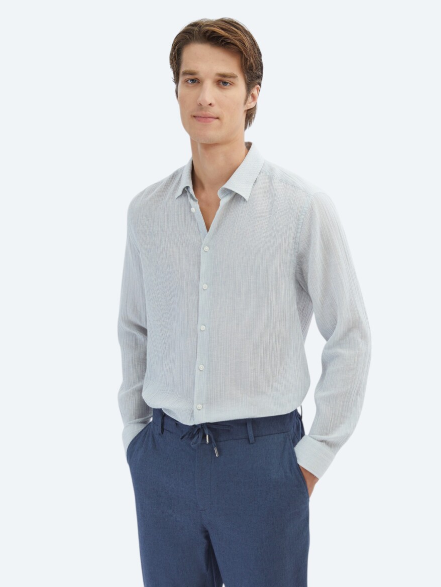 Blue Striped Regular Fit Long Weaving Casual Cotton Blended Shirt - KİP