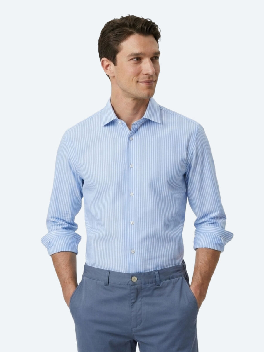 Blue Striped Regular Fit Long Weaving Casual Cotton Blended Shirt - 1