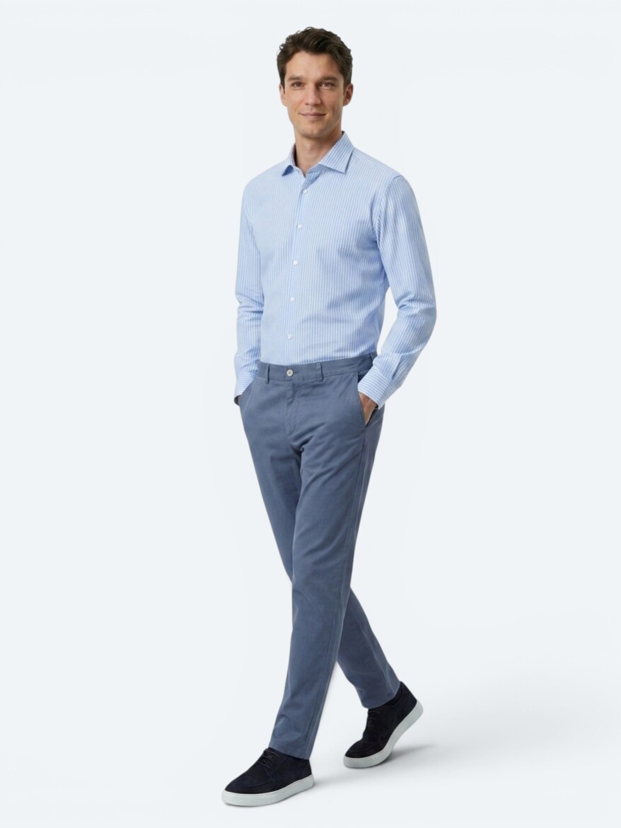 Blue Striped Regular Fit Long Weaving Casual Cotton Blended Shirt - 3