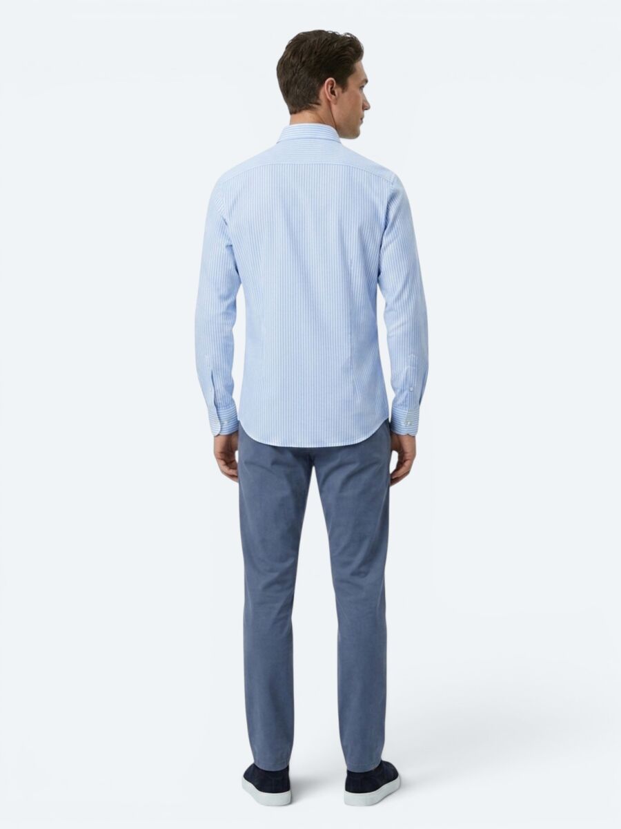 Blue Striped Regular Fit Long Weaving Casual Cotton Blended Shirt - 5