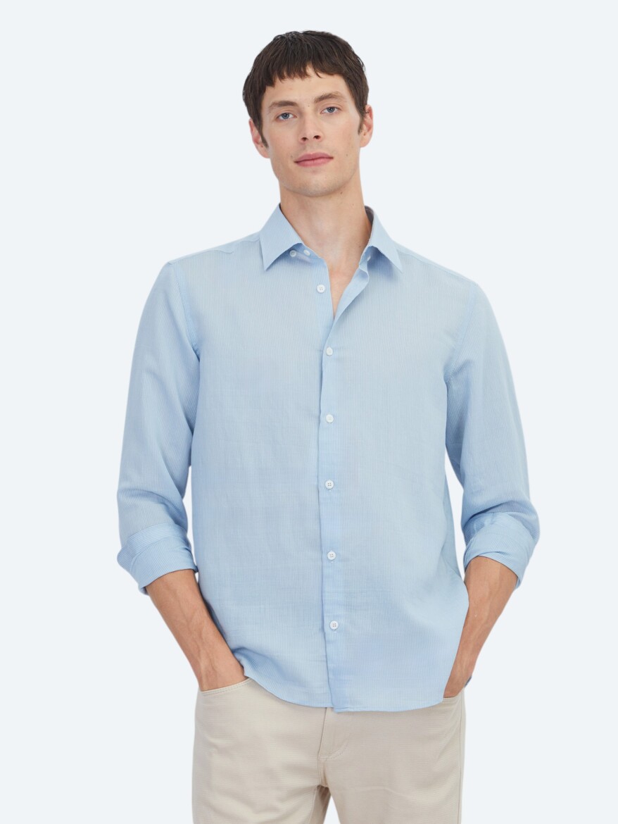 Blue Striped Regular Fit Long Weaving Casual Shirt 