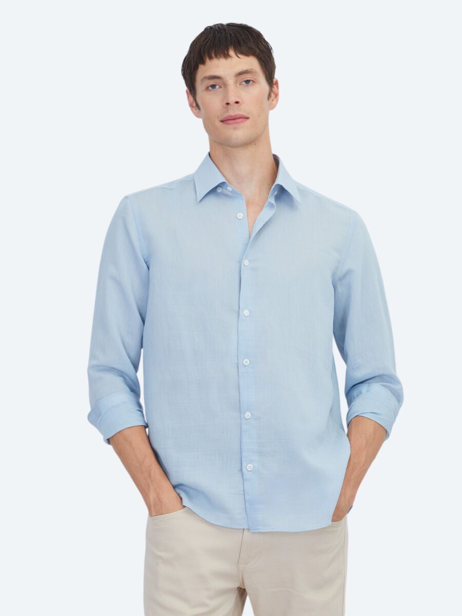 Blue Striped Regular Fit Long Weaving Casual Shirt - 1