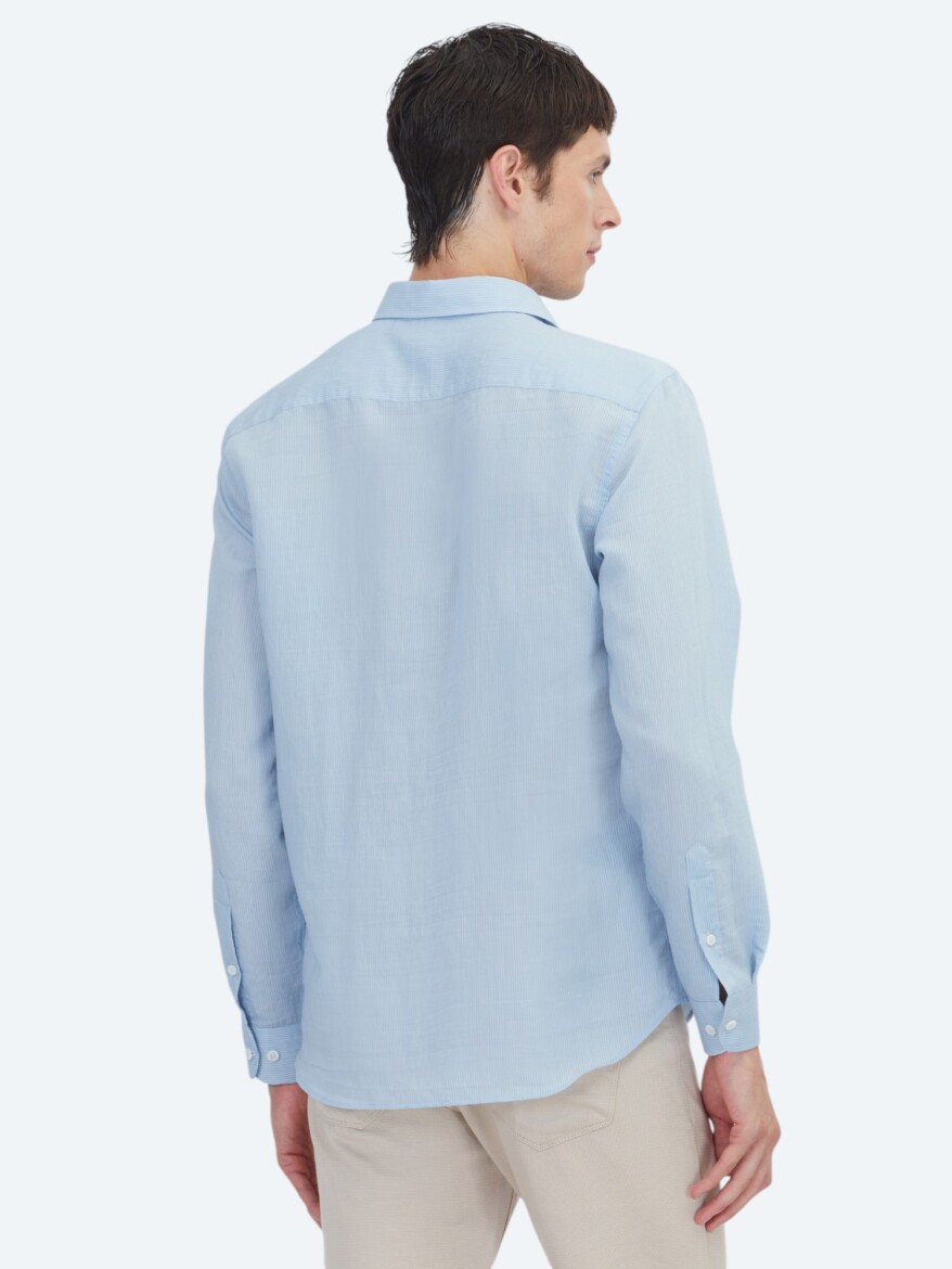 Blue Striped Regular Fit Long Weaving Casual Shirt - 5