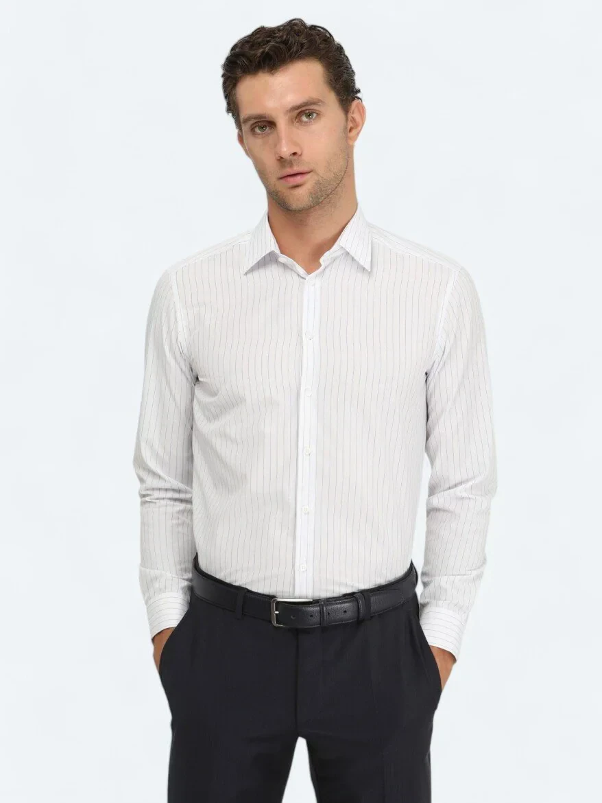 Blue Striped Regular Fit Weaving Classical Cotton Blended Shirt - 1