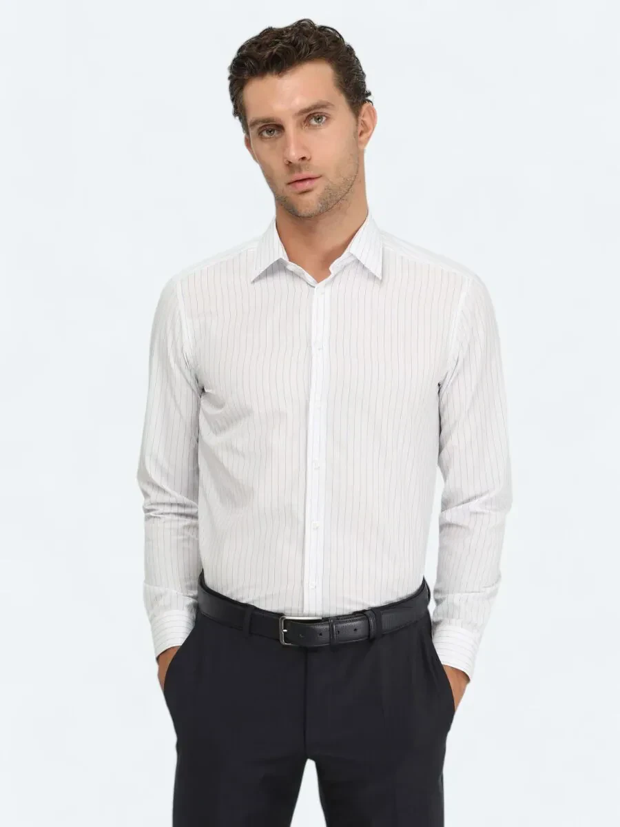 Blue Striped Regular Fit Weaving Classical Cotton Blended Shirt - 1