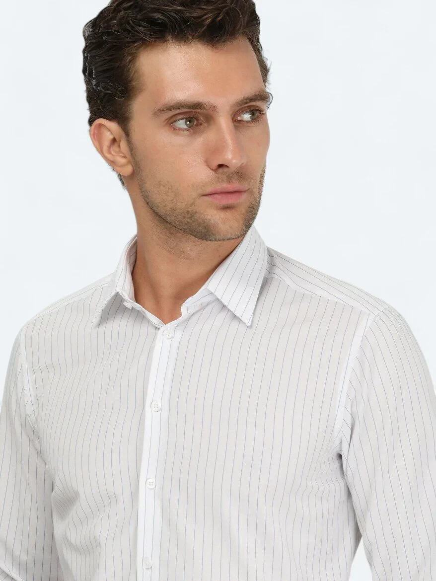 Blue Striped Regular Fit Weaving Classical Cotton Blended Shirt - 4