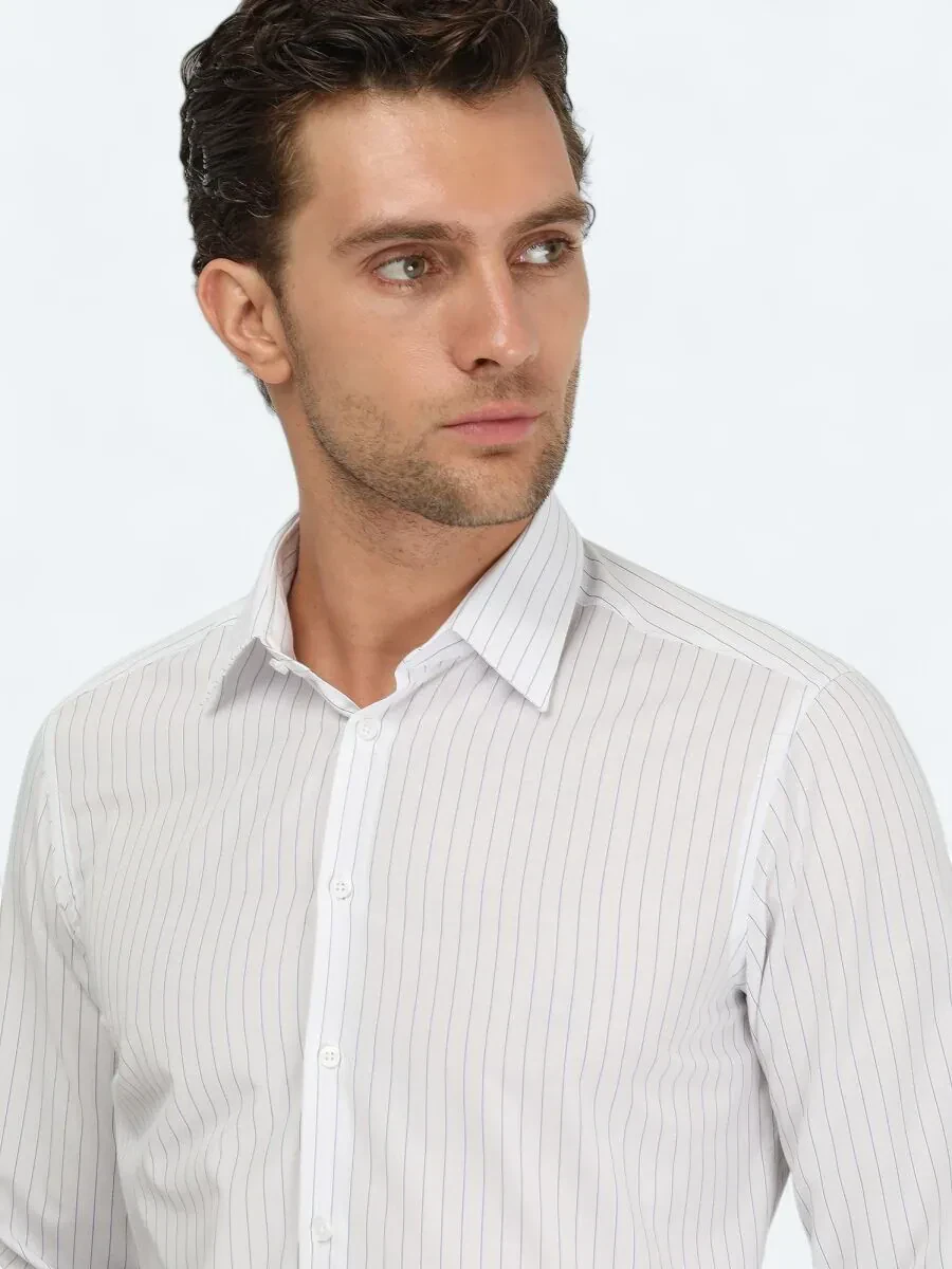 Blue Striped Regular Fit Weaving Classical Cotton Blended Shirt - 4