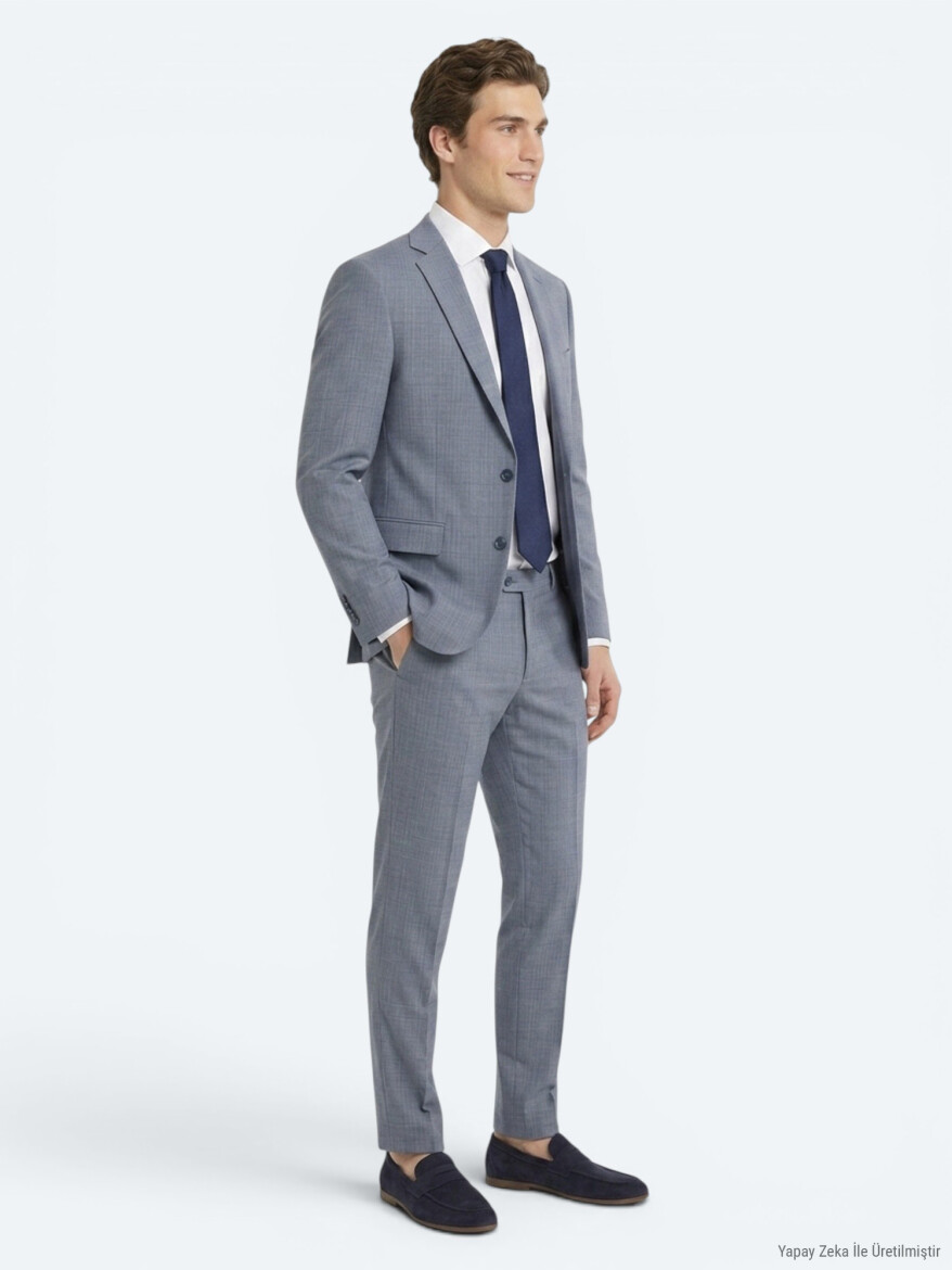 Blue Striped Regular Fit Wool Blended Suit - 5
