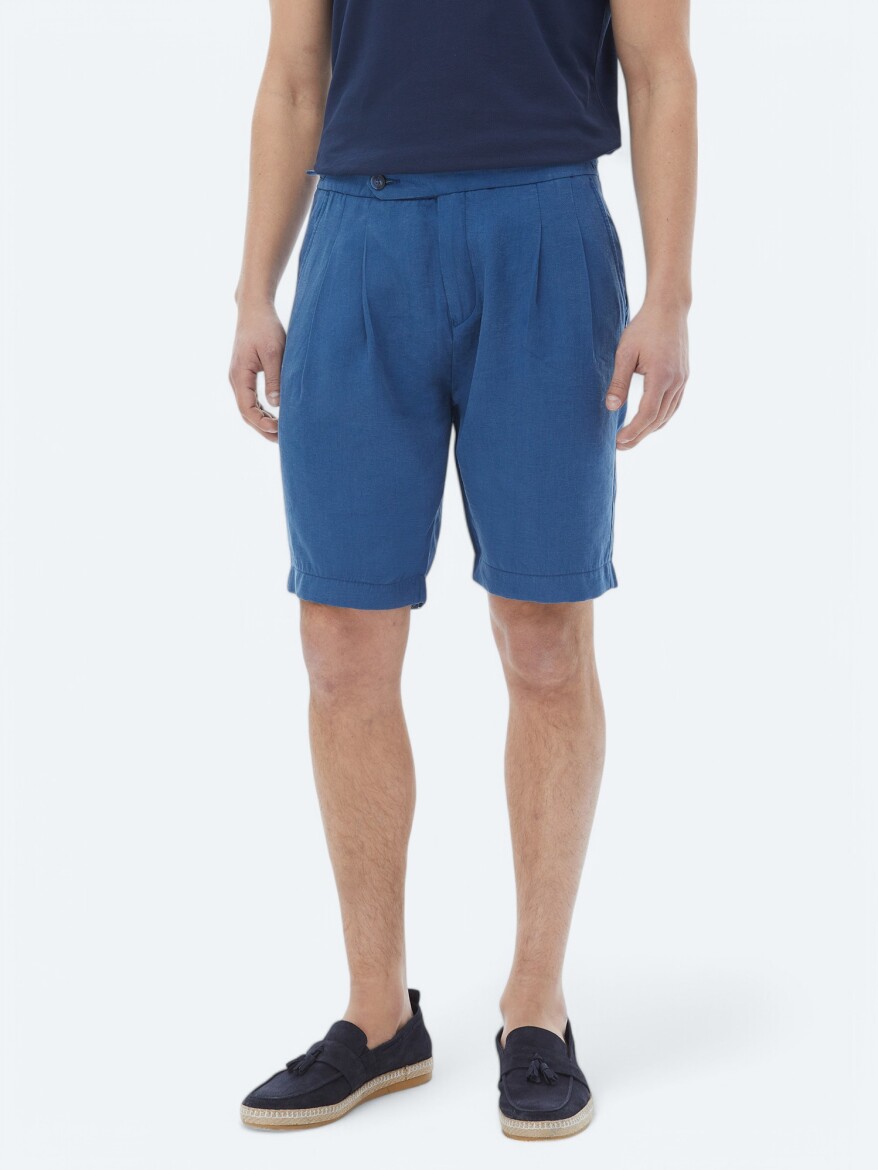 Blue Weaving Carrot Fit Casual Bermuda - 2