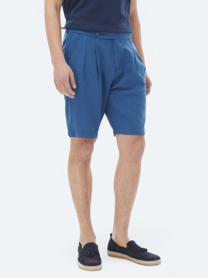 Blue Weaving Carrot Fit Casual Bermuda - 3