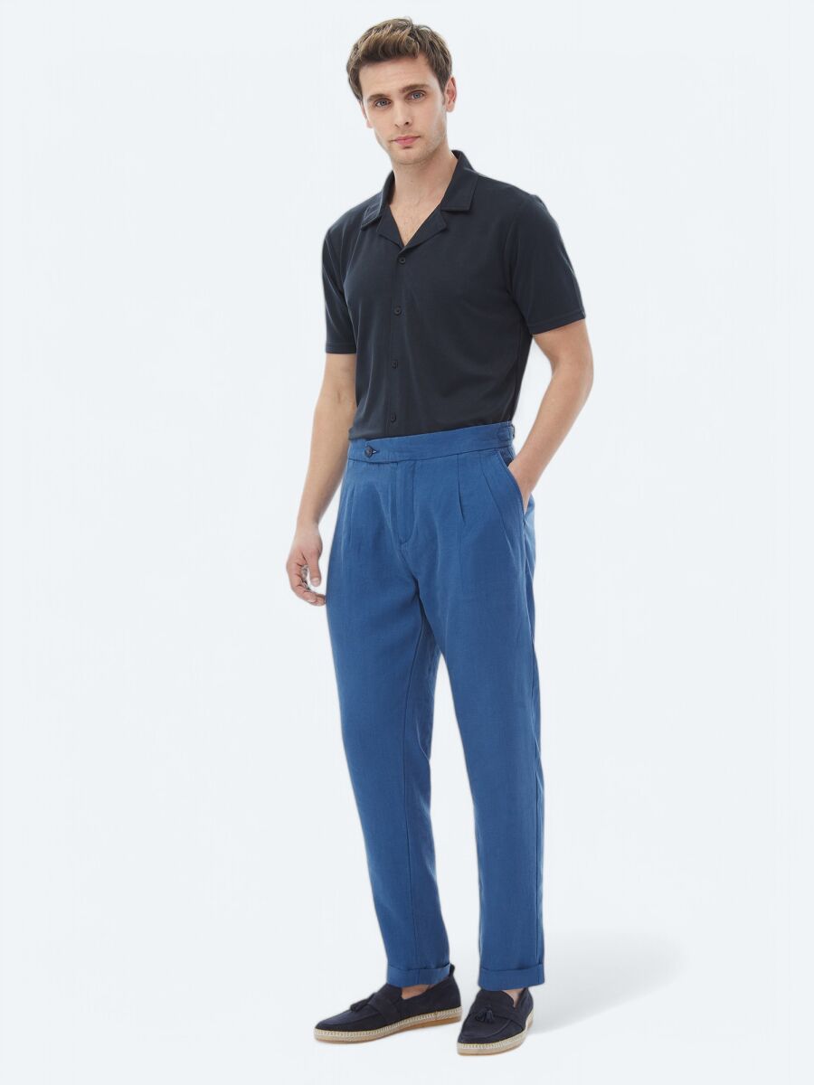 Blue Weaving Carrot Fit Casual Trousers - 2